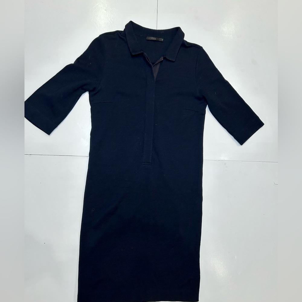 COS  100% wool Shirt Dress Women's Navy Blue  Half  button  size xs - Picture 5 of 9